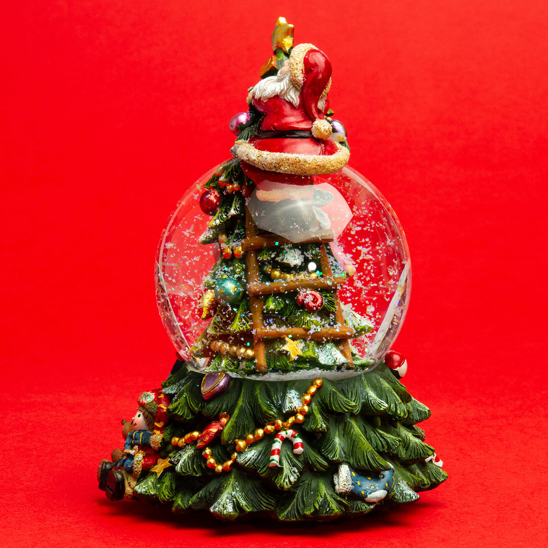 SIKORA SK17 Große Glas Deko Schneekugel Weihnachtsmann auf dem Weihnachtsbaum D:100mm mit aufziehbarer Spieldose