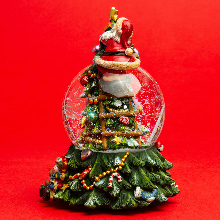 SIKORA SK17 Große Glas Deko Schneekugel Weihnachtsmann auf dem Weihnachtsbaum D:100mm mit aufziehbarer Spieldose